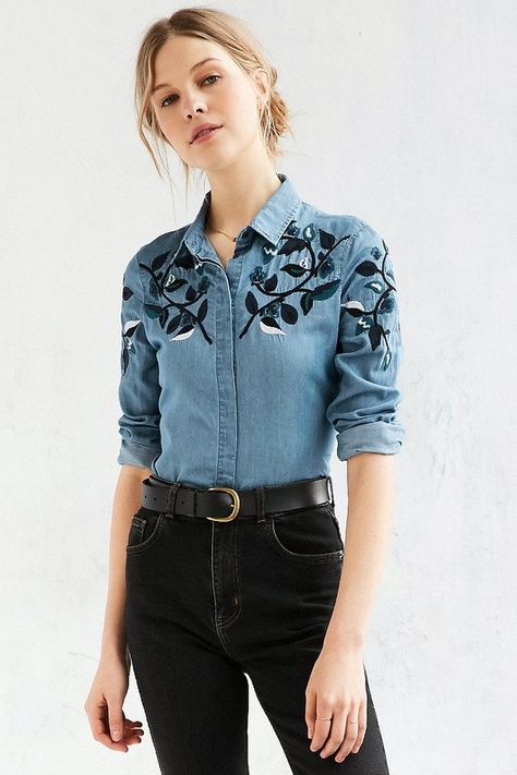 BDG Embroidered Western Button-Down Shirt                                                                                                                                                                                 More Diy Jeans, Collar Fashion, Jeans Shirt, 자수 디자인, Denim Shirt Dress, Embroidered Clothes, Mode Inspo, Mode Inspiration, Embroidered Shirt