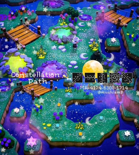 Acnh Moon Pond Design, Acnh Paths Tutorial, Mystical Animal Crossing Island, Acnh Crescent Moon Island, Acnh Moon Pond Tutorial, Acnh Blue Fairycore, Acnh Glowing Paths Designs, Starry Path Acnh, Moon Pond Acnh