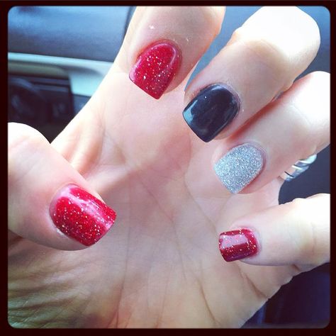 Red |Black |Silver |Glitter Nails #sharonbergernails | Black silver nails, Black nails with glitter, Silver glitter nails Black And Red Gel Nails Short, Black Red Silver Nails, Red Black Silver Nails, Black Red White Nails, Red Black And Silver Nails, Red White Black Nails, Red Black And White Nails, Cheer Nails, Hockey Nails