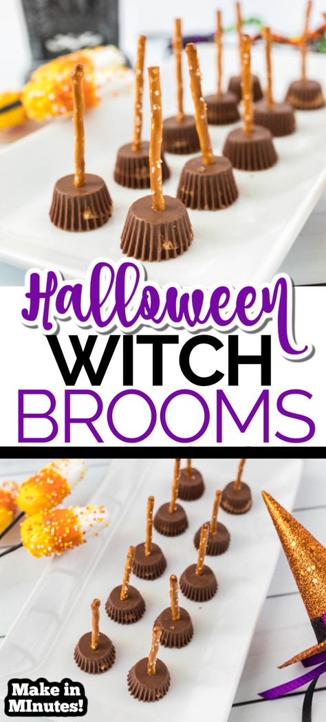 Check out these extremely easy-to-make Halloween Witch Broom Pretzels. Serve these tasty treats at your next Halloween party. #PretzelTreats #Halloween #HalloweenParty #PartyTreats Halloween Witch Brooms Food, Halloween Witch Broom Snack, Pretzel Witches Broom, Easy Desserts For Halloween Party, Pretzel Stick Witches Broom, Halloween Witches Broom Treats, Pretzel Witch Brooms, Witches Brooms Snack, Witches Broomsticks Food