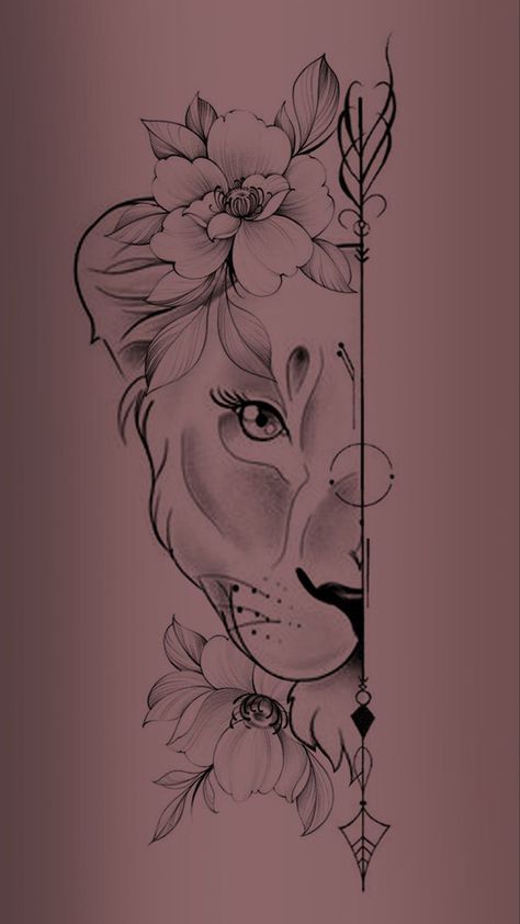 Lioness Tattoo Linework, Half Tiger Half Flower Tattoo, Half Lioness Tattoo, Lion Female Tattoo, Female Lion Tattoo Design, Half Lion Half Flower Tattoo, Female Tiger Tattoo, Tatoos Woman Chest, Leona Tattoo