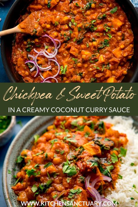 Creamy Vegetable Curry, Sweet Potatoes Chickpeas, Indian Sweet Potato Curry, Sweet Potato Lentil Coconut Curry, Chickpeas Sweet Potato, Curry Sweet Potato Recipes, Indian Chickpea Curry Recipes, Chickpea Vegetable Curry, Chickpea And Sweet Potato Recipes