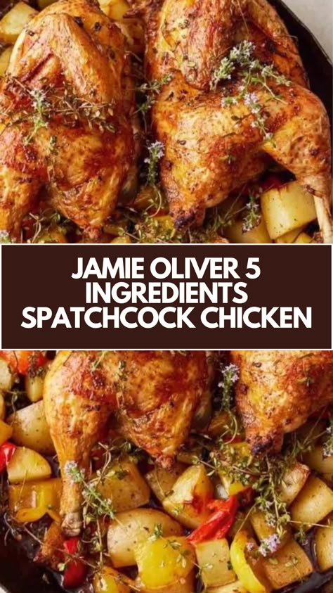 Jamie Oliver’s 5 Ingredients Spatchcock Chicken is made with potatoes, mixed-colour peppers, a whole free-range chicken, smoked paprika, and thyme. This easy Spatchcock Chicken recipe creates a delicious dinner that takes about 65 minutes to prepare and can serve up to 4 people.  This Spatchcock Chicken Recipe Is From 5 Ingredients: Mediterranean by Jamie Oliver. Spatchcock Chicken And Potatoes, Jamie Oliver Recipes 15 Minute Meals, Spatchcock Chicken Recipes, Spatchcock Chicken Oven, Jamie Oliver 5 Ingredients Recipes, Roasted Spatchcock Chicken, Jamie Oliver 30 Minute Meals, Jamie Oliver 5 Ingredients, 15 Minute Meals Dinners