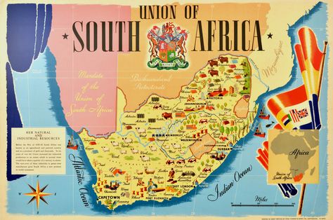 Union Of South Africa Pictorial Map 1940s - original vintage illustrated map poster for the Union of South Africa Her Natural and Industrial Resources listed on AntikBar.co.uk Union Of South Africa, Puzzle Family, South African Flag, Map Of Africa, Game For Adults, Pictorial Maps, Alexandria Egypt, Africa Map, Historical Characters