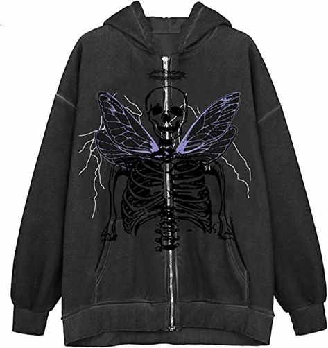 Women Skeleton, Black Zip Hoodie, Oversized Hoodies, Streetwear Sweatshirt, Long Sleeve Coat, Gothic Grunge, Aesthetic Women, Loose Outfit, Long Sleeves Coats