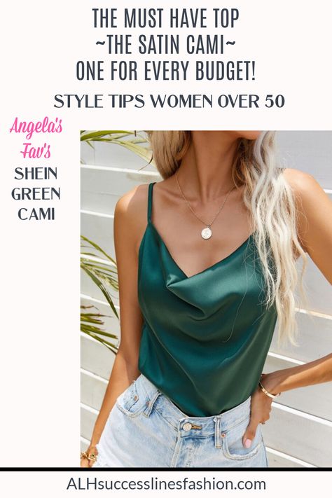 SHEIN GREEN CAMI Green Cami Top Outfit, Cami Top Outfit, Green Cami Top, Green Cami, Long Flowy Skirt, Structured Blazer, Fitness Tips For Women, Satin Cami, Tips For Women