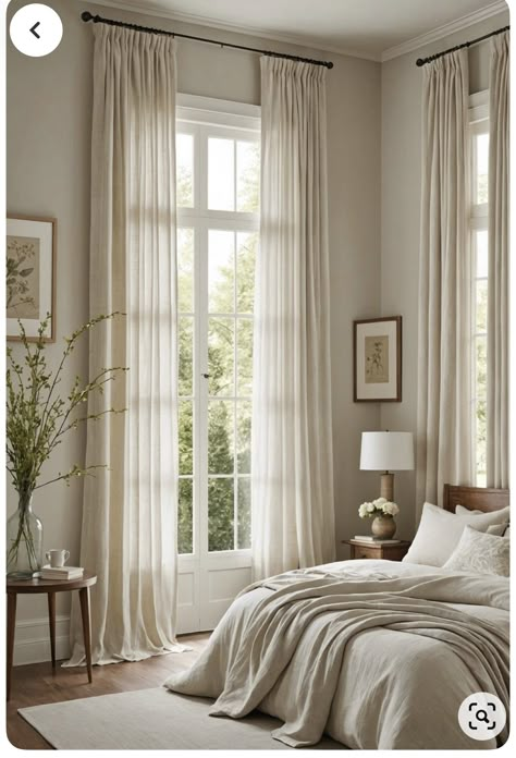 Japandi Curtain Ideas, Bedroom Curtains Master, Curtains Bedroom Ideas, Window Above Bed, Summer Bedroom Ideas, Sheer Curtains Bedroom, Calm Bedroom, Cozy Bedrooms, Summer Bedroom