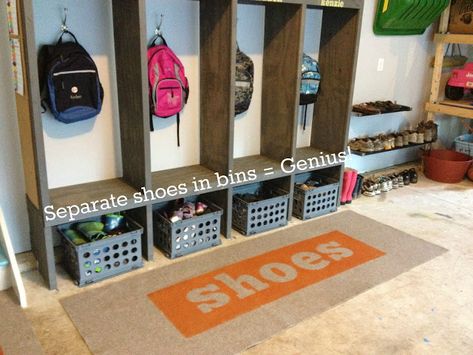 Shoe Bins, Garage Lockers, Mudroom Garage, Cloakroom Ideas, Mudroom Locker, Garage Projects, Garage Entryway, Garage Mudroom, Ideas For Organizing