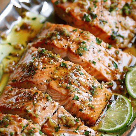 Honey Lime Garlic Butter Salmon Honey Lime Salmon, Honey Lime Garlic Butter Salmon, Cajun Garlic Butter Salmon, Honey Garlic Lime Salmon, Garlic Butter Salmon In Foil, Honey Cilantro Lime Salmon, Salmon Garlic Lemon Butter, Cilantro Lime Salmon, Garlic Butter Salmon