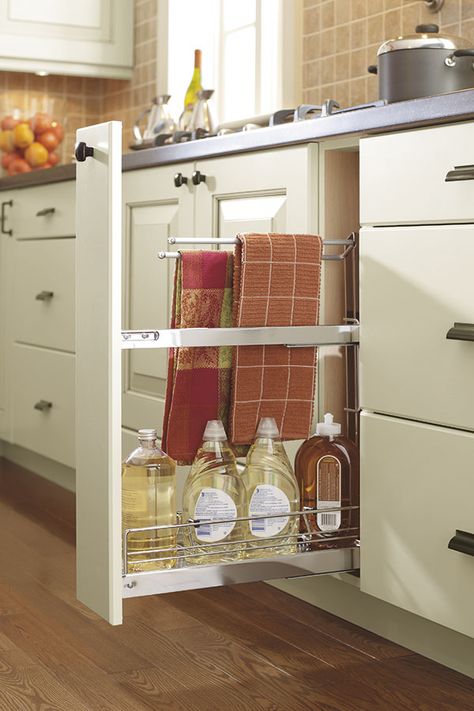 A Pullout Towel Rack Cabinet is a hidden gem featuring unexpected storage for towels and small containers, in just 6" of space. Kitchen Corner Cabinet Ideas Dead Space, Pull Out Towel Rack, Towel Rack Ideas, Kitchen Craft Cabinets, Kitchen Towels Storage, Storage For Towels, Corner Kitchen Cabinet, Kitchen Desks, Desk Cabinet