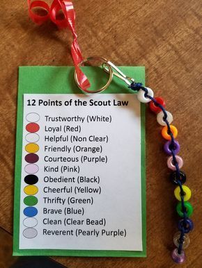 There was nothing for cub scouts to help them learn the Scout Law, so here is one I made. A keychain, pony beads, cording, glue gun to secure the cording knot at keychain. Gave them as Christmas gifts and they loved them!! Tiger Den Meeting Ideas, Lion Den Meeting Ideas, Cub Scout Pack Meeting Ideas, Cub Scout Lion Den Activities, Tiger Scout Den Meeting Ideas, Weblos Scouts, Cub Scout Oath, Cub Scout Law, Tiger Craft