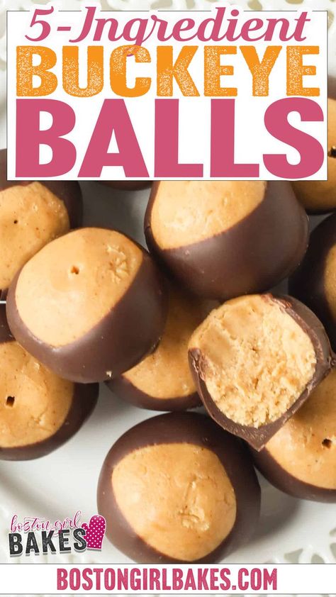 This buckeye balls recipe is super easy to make and a perfect no bake treat for the holidays! Made with just 5 ingredients, these buckeye balls are going to become a family favorite! They are made on the stovetop, do not require a candy thermometer, and only about 15 minutes chilling time! | @bostongirlbakes #bestbuckeyeballsrecipe #easybuckeyeballsrecipe #eastertreats #eastercookies #buckeyeballsrecipe Peanut Butter Buckeye Balls, Buckeyes Recipe With Rice Krispies, Easy Buckeyes Recipe, Buckeye Recipes, No Bake Holiday Treats, Best Buckeyes Recipe, Buckeye Bars Recipe, Buckeye Balls Recipe, Buckeye Recipe Easy