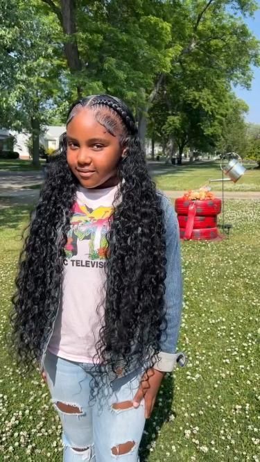 Two Braids With Weave In The Back Curly, Two Braids With Curls In The Back, Two Braids Hairstyle Black Women Weave, Birthday Weave Hairstyles, 2 Stitch Braids With Quick Weave, Black Teen Girl Hairstyles, Curly Leave Out Sew In, Curly Weave Hairstyles Sew In, Braids With Leave Out