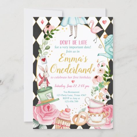 Alice in Onederland 1st Birthday Invitation Girls  Zazzle Onederland Invitations, Alice In Onederland, Onederland Birthday Party, 1st Birthday Party Invitations, Alice In Wonderland Birthday, 1st Birthday Invitation, Kids Party Themes, Tea Party Birthday, Birthday Invitations Girl