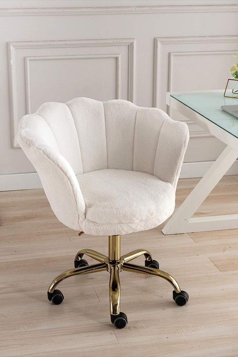 Makeup Vanity Chair Bedroom, Make Up Chair Furniture, Chairs For Vanity Makeup Rooms, White Chair For Vanity, Cute Desk Chairs For Bedrooms, Cute White Chair, Chair For Makeup Table, Preppy Vanity Chair, White Makeup Chair