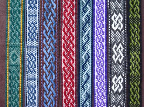 Seven sashes. Six are variations on the Celtic knot pattern. One is a 2 color twist that I made up. I've always loved Cetlic knotwork and enjoy weaving these. Woven from wool and cotton on my inkle looms. by Annie MacHale #celtic knot #inkle weaving #ASpinnerWeaver #pattern Pick Up Weaving Pattern, Inkle Weaving Patterns, Tablet Weaving Patterns, Band Weaving, Hantverk Diy, Knot Pattern, Inkle Weaving, Weaving Loom Projects, Inkle Loom