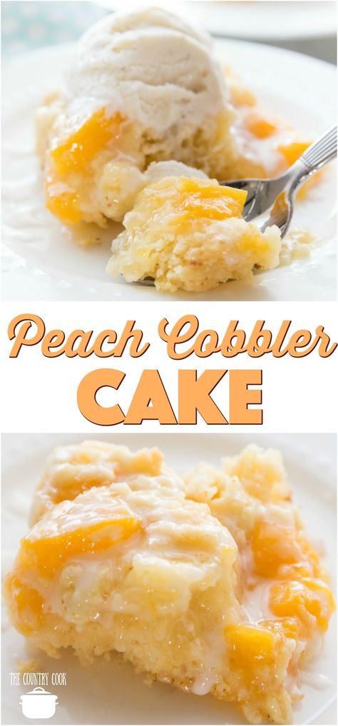 Easy Peach Cobbler Cake recipe from The Country Cook #peach #peachcobbler #cake #recipes #dessert #ideas #cakemix #peachpiefilling Cobbler Cake, Peach Cobbler Cake, Easy Peach Cobbler, Peach Pie Filling, Peach Cobbler Easy, Boxed Cake, Dessert Simple, Peach Desserts, Country Cook