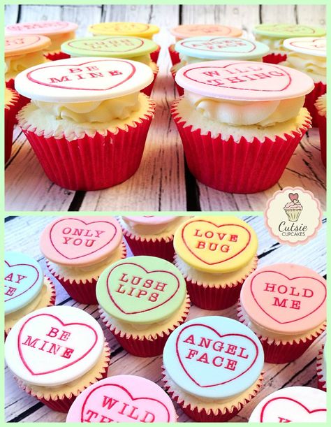 Love Heart Cupcakes, Candy Heart Cupcakes, Conversation Heart Cupcakes, Valentines Recipes, Valentine Cupcakes, Heart Sweets, Valentines Recipes Desserts, Love Heart Sweets, Sugar Dough