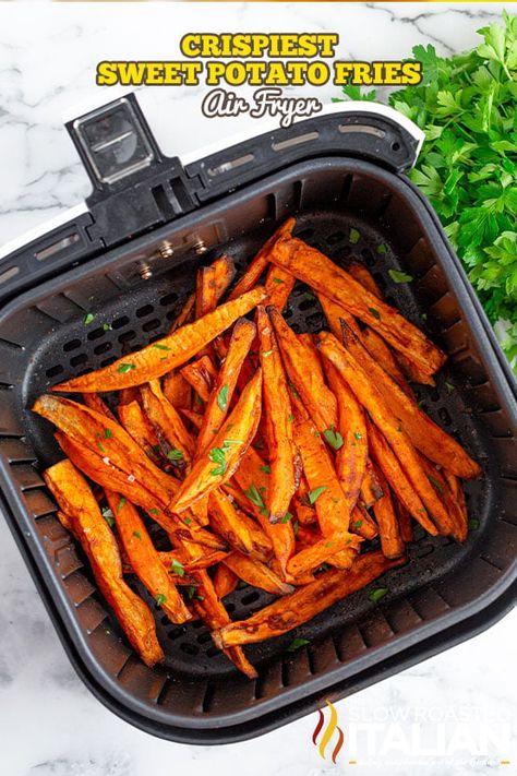 Crispiest Sweet Potato Fries (Air Fryer) Fries In Air Fryer, Air Fryer Sweet Potato Fries, Making Sweet Potato Fries, Fries Recipes, Frozen Sweet Potato Fries, Slow Roasted Italian, Fried Recipes, Crispy Sweet Potato Fries, Freeze Sweet Potatoes