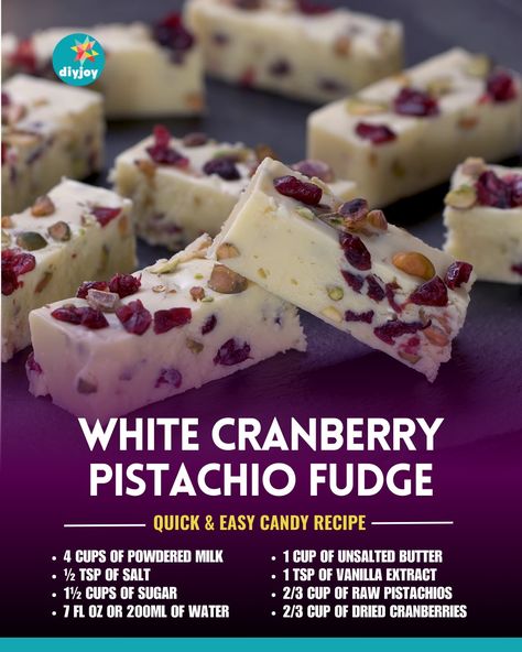 DIY Joy - Creamy, fudgy, crunchy, and addicting! Serve... Pistachio Fudge Recipe, Cranberry Pistachio Fudge, Pistachio Fudge, Holiday Fudge, Raw Pistachios, Easy Candy Recipes, Diy Joy, Cranberry Pistachio, Fudge Recipe