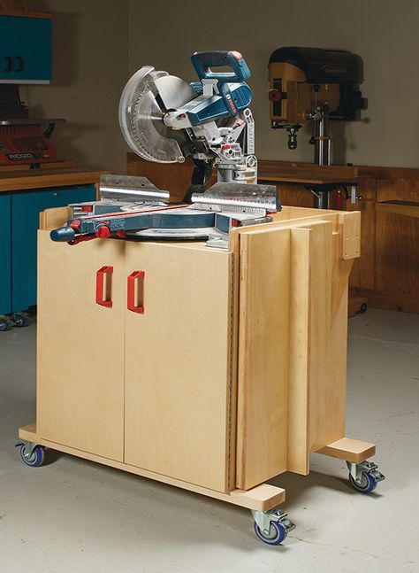 Heavy-Duty Miter Saw Station | Woodworking Project | Woodsmith Plans Mobile Miter Saw Station Plans, Miter Saw Cart, Miter Saw Station Mobile, Mobile Miter Saw Station, Miter Saw Station Plans, Dewalt Miter Saw Stand, Woodworking Station, Mitersaw Station, Miter Saw Bench