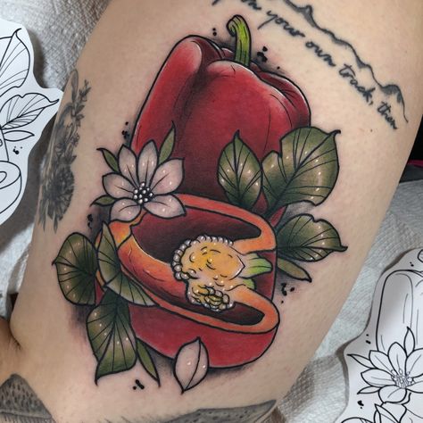 Neotraditional bell pepper tattoo by @leefscented Bell Pepper Tattoo, Pepper Tattoo, Food Tattoo, Food Tattoos, Prison Tattoos, R Tattoo, Tattoo Placement, Bell Peppers, Bell Pepper