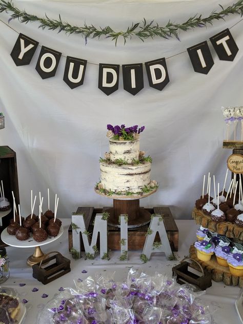 Graduation Cake Table Display, Graduation Party Cake Table, Earthy Graduation Party Decor, Rustic Graduation Cake, Lavendar Party Decor, Desert Table Ideas For Graduation, Whimsical Graduation Party, Small Grad Party Ideas, Forest Graduation Party