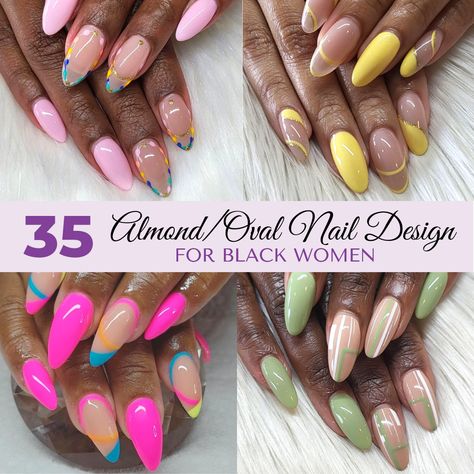 Whenever you’re getting a manicure, choosing the perfect nail shape is very important, as it is the canvas that will determine the overall look and vibe of Nails Design On Dark Skin, Pink And Gold Almond Nails, Nails Design Black Women, Summer Nail 2024, Gold Almond Nails, African Nails, Nails Design Black, Chrome Almond, Almond Nails Designs Summer