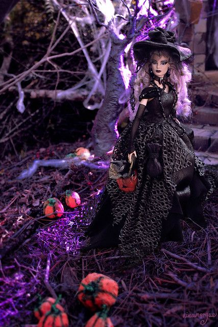 Fall Barbie, Pumpkin Cauldron, Leather Gown, Curly Silver Hair, Midnight Walk, Enchanted Halloween, Dolly Style, Halloween Barbie, Halloween Diorama