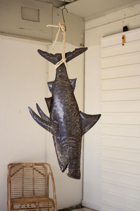 This large three-dimensional shark sculpture is constructed from hand-hammered recycled metal complete with a sisal rope for hanging by its rear fins. Shark Sculpture, Sisal Rope, The Catch, Repurposed Items, Nautical Home, Hammered Metal, Recycled Metal, Sculptures & Statues, Animal Theme