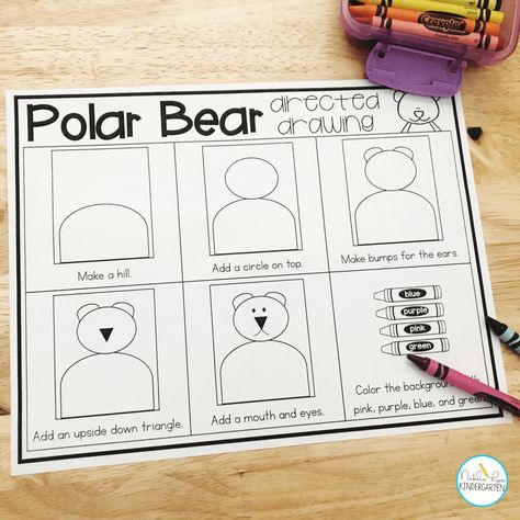 Directed Drawing Polar Bear For Kids, Polar Bear Craft Kindergarten, Polar Bear Activities For Kindergarten, Polar Bear Art Preschool, How To Draw A Polar Bear, Polar Bear Kindergarten, Directed Drawing For Preschool, Polar Bear Directed Drawing, Bear Directed Drawing