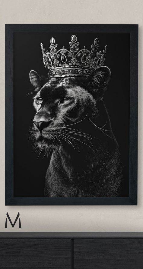 Crowned Black Panther Dark Background Panther Decor Black and White Panther Wall Art Majestic Wild Cat - Etsy UK Black Panther Photo, Black Panther Painting, Panther Decor, Rk Logo, Panther Wall Art, White Panther, Panther Design, Lion Couple, Buddha Painting Canvas