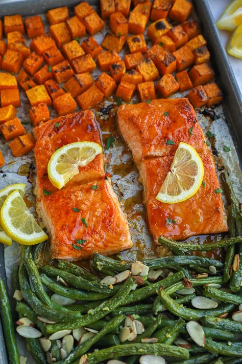 Low Calorie Fall Recipes, Sausage Butternut Squash, Maple Mustard Salmon, Salmon Green Beans, Green Beans With Almonds, Butternut Squash Kale, Salmon And Sweet Potato, Mustard Salmon, Cut Butternut Squash