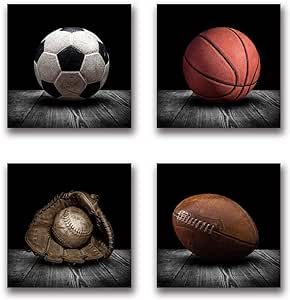 gubodasol Boy Bedroom Vintage Wall Art Decorations Sports Football Soccer Baseball Basketball Canvas Prints Posters for Boys Room Decor Rustic Gym Ball Picture Painting Black White 12x12 Set of 4 Rustic Gym, Posters For Boys Room, Basketball Canvas, Teen Boy Room, Gym Ball, Picture Painting, Room Decor Rustic, Interior Wall Decor, Sports Room