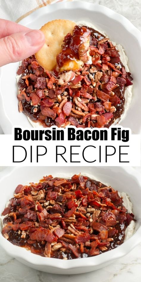 Boursin bacon fig dip recipe is full of amazing flavor. Herby Boursin cheese with sweet fig jam, savory bacon, and crunch pecans. This creamy dip is so good and perfect for the holiday season. Boursin Cheese And Fig Jam, Boursin Cheese Charcuterie, Boursin Cheese Fig Dip, Cranberry Boursin Cheese Recipes, Brunch Dip Recipes, Recipes With Fig Jam, Fig Jam Appetizers, Boursin Cheese Appetizer, Brunch Dips