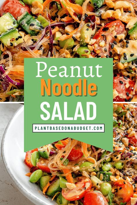 This Thai Peanut Noodle Salad [Glass Noodle Salad] is ready in just 20 minutes and is so delicious! It's naturally gluten free and perfect for a quick and tasty weeknight meal! #plantbasedonabudget #glass #noodle #salad Thai Peanut Noodle Salad, Crunchy Noodle Salad, Peanut Noodle Salad, Thai Noodle Salad, Glass Noodle Salad, Noodle Salad Recipes, Breakfast Low Carb, Peanut Noodles, Thai Peanut