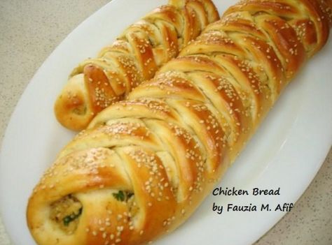 Chicken Bread - Step by Step - Fauzia’s Kitchen Fun Chicken Bread Recipes, Chicken Filling Recipes, Chicken Rolls Recipes, Chicken Breading Recipe Flour, Braided Chicken Bread, How To Bread Chicken, Chicken Breading Recipe, Chicken In Croissant Roll, Chicken Bread Roll