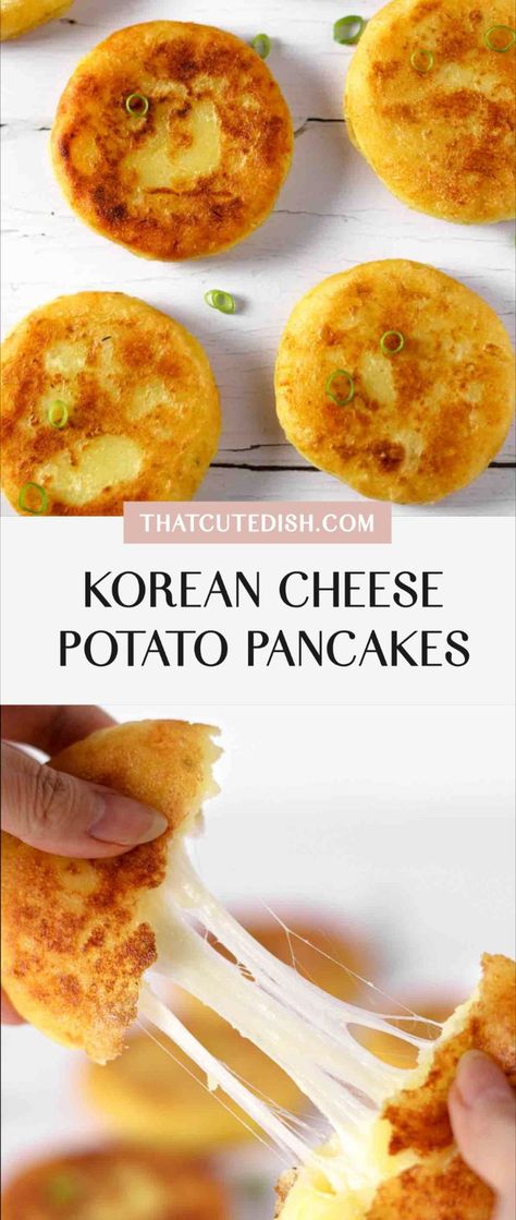 korean cheese potato pancakes Breakfast Ideas With Spam, Quick Easy Savory Snacks, Delicious Japanese Food, Fun Meals To Make, Savory Food Ideas, Asian Food Party, Dinner Ideas Asian, Cheese Potato Pancakes, Cheesy Meals