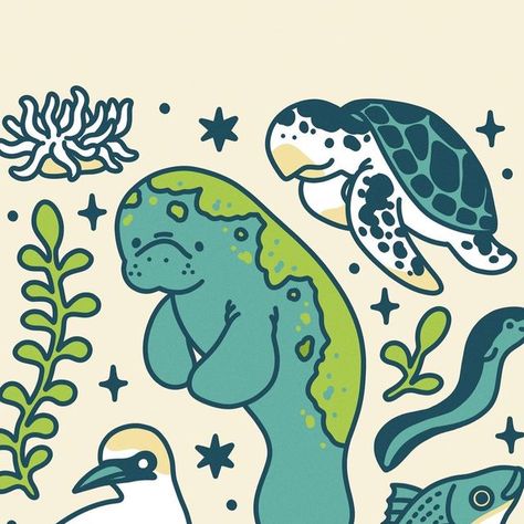 Manatee Aesthetic, Manatee Illustration, Florida Illustration, Sea Turtle Illustration, Manatee Art, Bathroom Mural, Sea Turtle Art, Striped Bass, Manatees