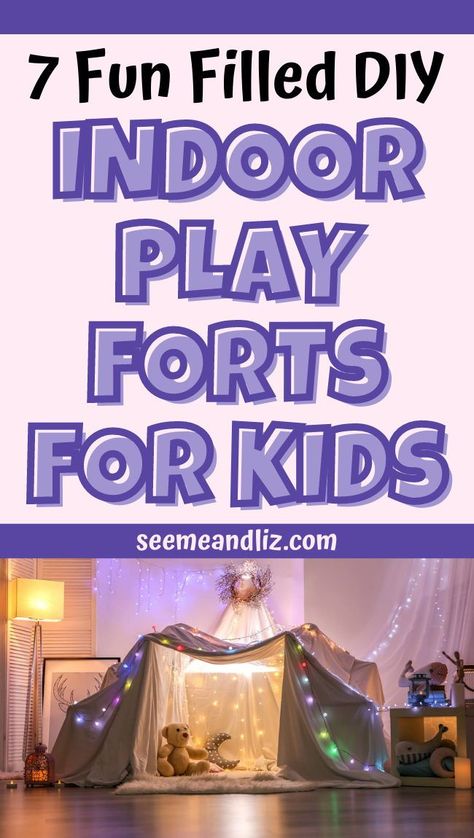 DIY indoor forts for kids are fun to put together and filled with endless opportunities for open ended pretend play. Here are 7 DIY play forts you can build indoors and not all require any sewing Easy Fort Ideas With Blankets, Kids Hideout Ideas, Blanket Fort Ideas Indoor Easy, Forts For Kids Indoor, Diy Fort Indoor, Forts For Sleepovers Easy, Toddler Sleepover Ideas, Den Ideas For Kids Blanket Forts, Kids Forts Inside