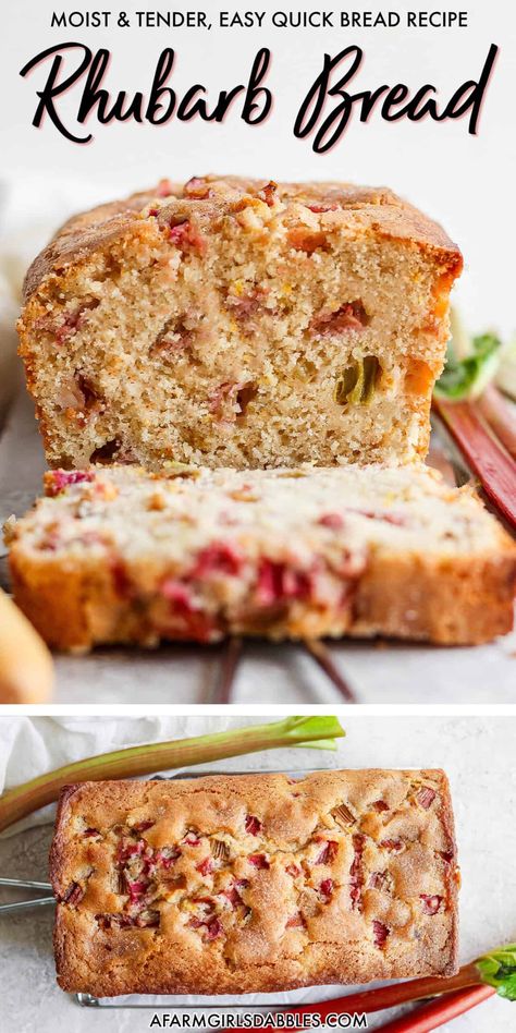 This Rhubarb Bread is tender and moist from buttermilk, an easy quick bread recipe that pairs tart bites of rhubarb with vanilla, cozy cinnamon, and fresh orange zest. The crispy cinnamon-sugar topping adds an outrageously wonderful texture! Rhubarb Cinnamon Bread, Rhubarb Quick Bread Recipes, Rhubarb Bread Recipes, Rhubarb Recipes Bread, Frozen Rhubarb Recipes, Rhubarb Bread Recipe, Tea Breads, Rhubarb Bread, Easy Quick Bread