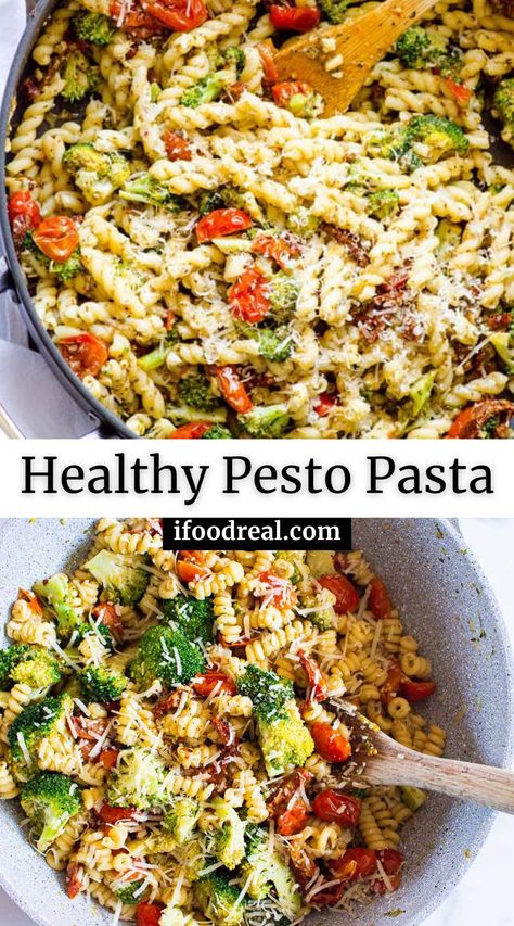 This Healthy Pesto Pasta recipe is simple, ready in just over 30 minutes and is bursting with flavor from pesto, sun-dried tomatoes, broccoli and Parmesan cheese. Pesto Pasta Dishes Dinners, Quick Pesto Recipe, Low Cal Pesto Pasta, Meals With Sundried Tomatoes, Healthy Pesto Pasta Salad, Healthy Recipes With Pasta, Healthy Pesto Recipe Meals, Pesto Healthy Recipes, Pesto Dishes Healthy