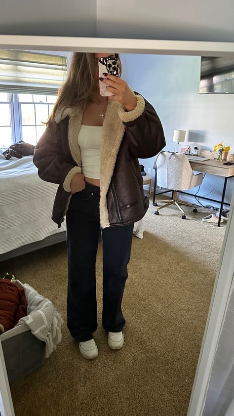 Faux Leather Sherpa Jacket Outfit, Urban Outfitters Leather Jacket, Sherpa Jacket Aesthetic, Aritzia Jumpsuit Outfit Winter, Sherpa Lined Leather Jacket, Fluffy Leather Jacket Outfit, Sherpa Leather Jacket Outfit, Leather Sherpa Jacket Outfit, Sherpa Jacket Outfit Winter