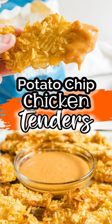 Air Fryer Potato Chip Chicken, Chip Coated Chicken, Bbq Chip Chicken Tenders, Potato Chip Fried Chicken, Chicken Tenders And Potatoes Recipes, Sunchips Chicken, Potato Chip Chicken Tenders, Recipes Using Potato Chips, Chip Chicken Tenders