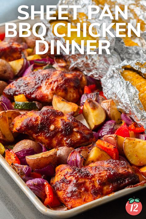 Sheet Pan Barbecue Chicken Dinner | 12 Tomatoes On Pan Meals Dinners, Chicken Sheet Pan Dinners Easy, Spiced Chicken Sheet Pan Supper, Hawaiian Bbq Chicken Sheet Pan, Fall Sheet Pan Dinners Chicken, Bbq Sheet Pan Chicken, Sheet Pan Barbecue Chicken Dinner, Grilled Chicken Meals Dinners, Keilbasa Recipes Dinner Sheet Pan