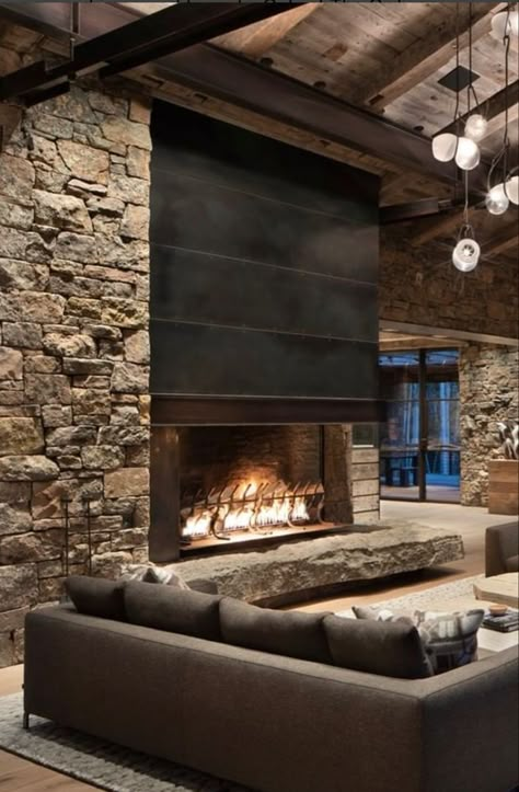 Mountain Interiors, Cabin Fireplace, Metal Fireplace, Modern Mountain Home, Mountain Modern, Modern Mountain, Stone Walls, Home Fireplace, Modern Fireplace