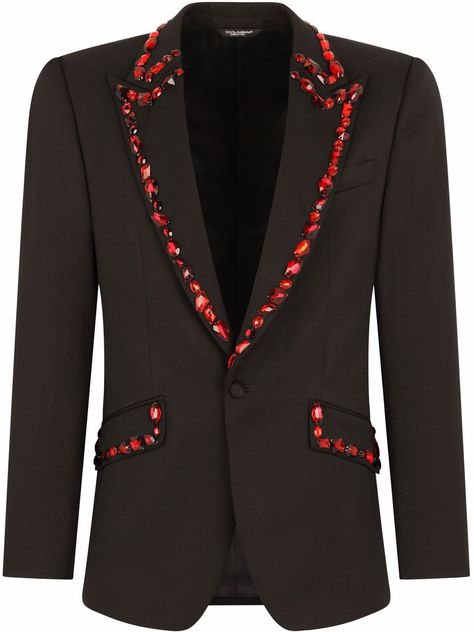 Shop or share your style of the product on ModeSens! Black/red virgin wool-silk blend gemstone-trim blazer from DOLCE & GABBANA featuring gemstone trim, classic lapels, front button fastening, front flap pockets, long sleeves and central rear vent. Blazer Designs, Fitted Suit, Dolce E Gabbana, Brunch Outfit, Abayas Fashion, Dolce And Gabbana Man, Blazers For Men, Blackpink Rose, Dolce & Gabbana