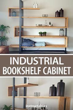 Metal And Wood Cabinets, Metal And Wood Bookshelf, Metal And Wood Furniture, Aesthetically Pleasing Home, Custom Home Office, Wood And Metal Shelves, Cabinet Bookshelf, Desk Idea, Woodworking Desk Plans