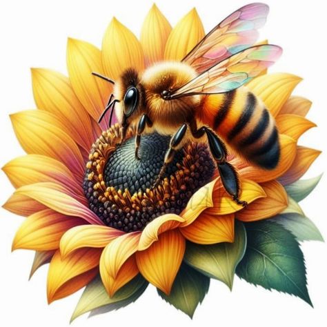 Pictures With Sunflowers, Bee On Sunflower, Honey Bee Illustration, Bee Pictures Art, Honey Bee Drawing, Honey Bee Art, Dragonfly Artwork, Dragonfly Drawing, Honeybee Art