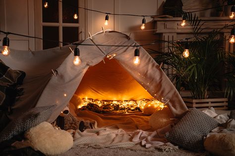 How to Host a Camping-Themed Party in Your Living Room - The Scott Brothers Indoor Camping, Tent Living, Camping Theme Party, Fun Indoor Activities, Night At Home, Circular Table, Lightbulbs, Indoor Activities For Kids, Indoor Fun